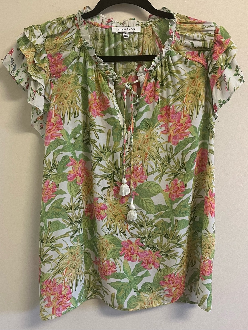 Rose + Olive Boho Fairy Blouse Medium Tropical Resort Flowy Short Flutter Sleeve